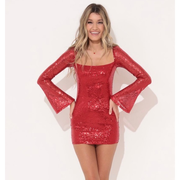 Red long sleeve sequence dress sz L - Picture 1 of 6